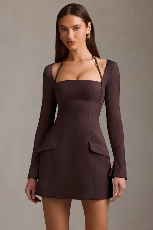 Pinstripe Structured A-Line Mini Dress in Chocolate Brown - UK Size:10